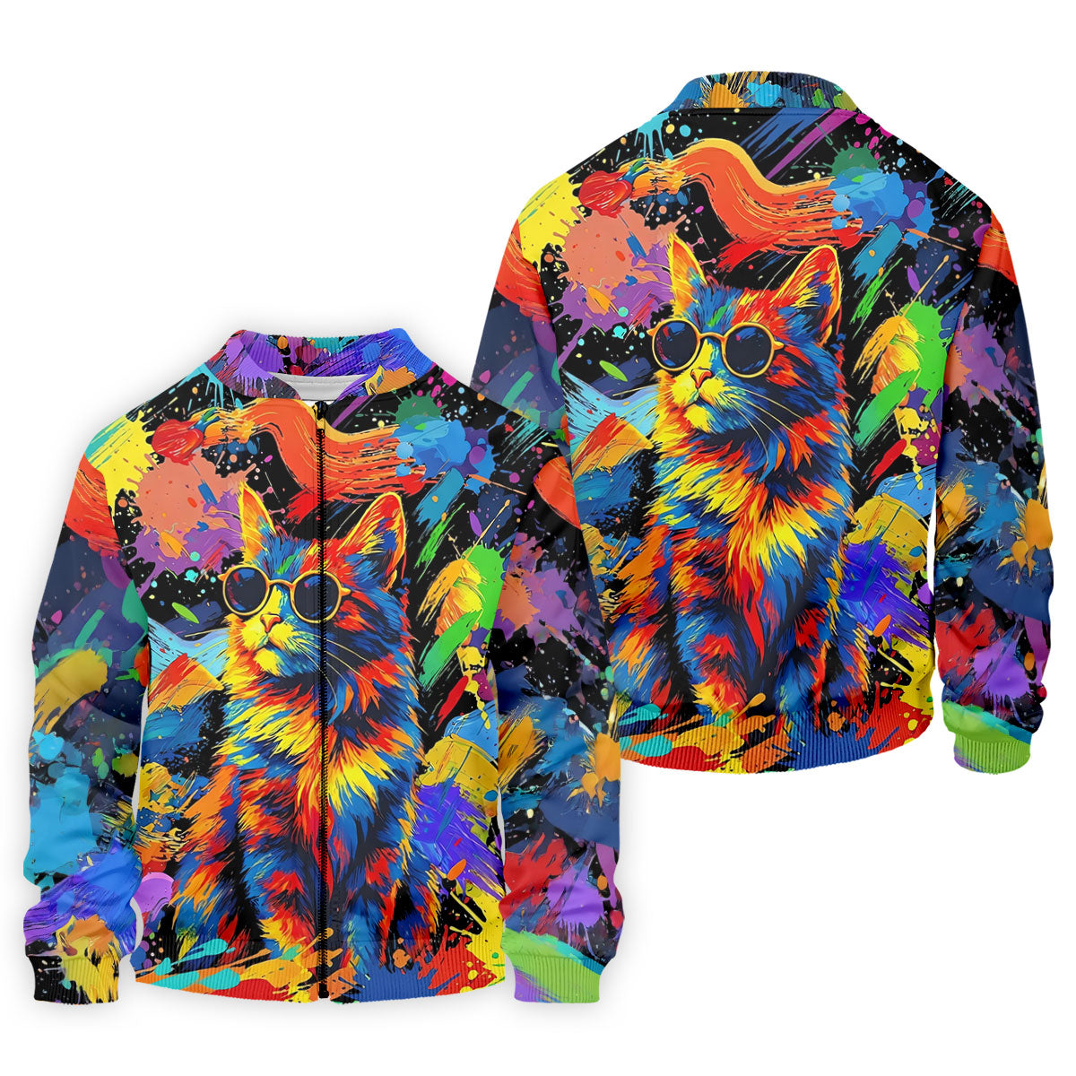 Colorful Cat Sunglasses Paint Splash Golf Shirt, Men's Golf Shirt, Golf Apparel For Men