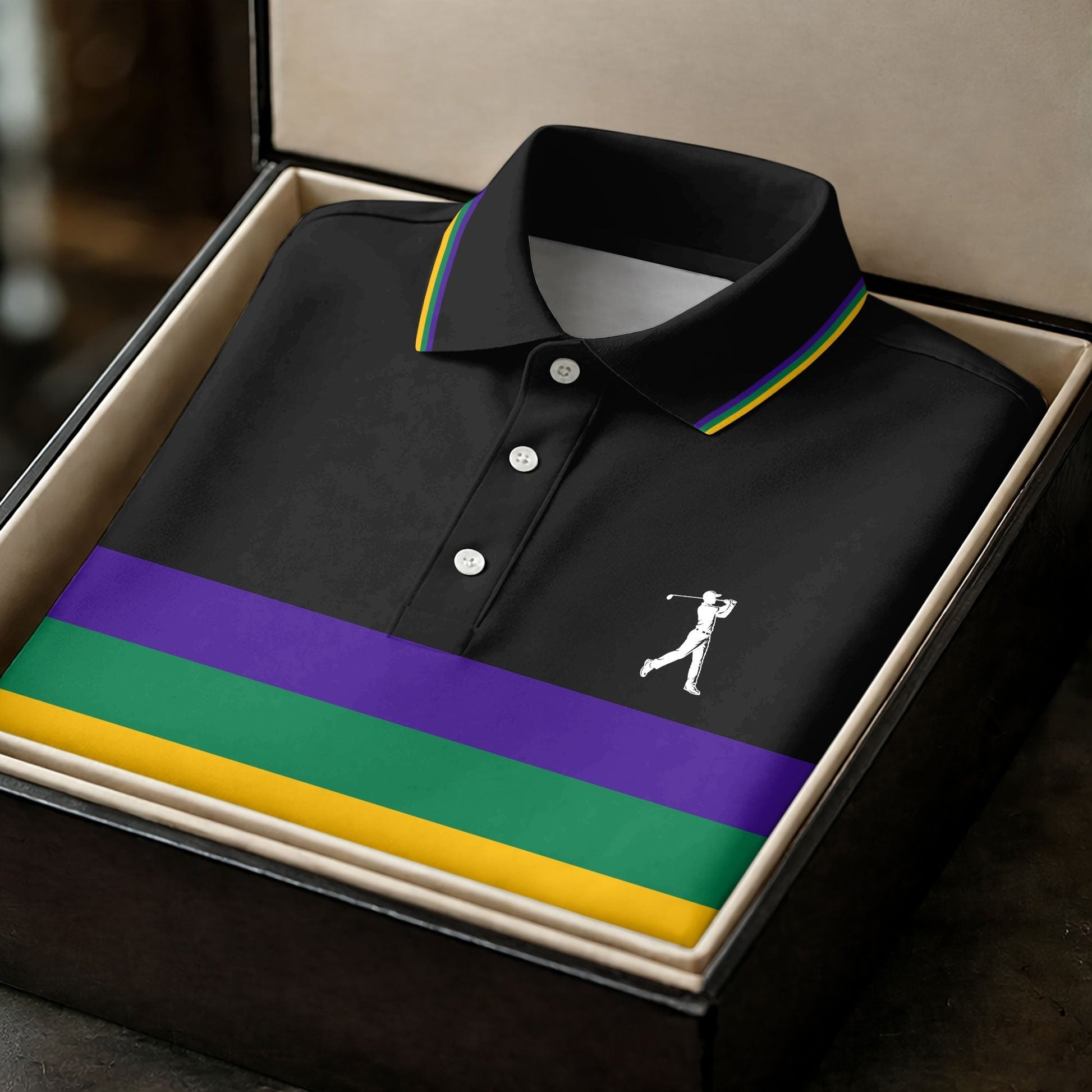 Mardi Gras Purple Green Gold Horizontal Stripes Black Golf Shirt, Women's Golf Shirts, Ladies Golf Polos