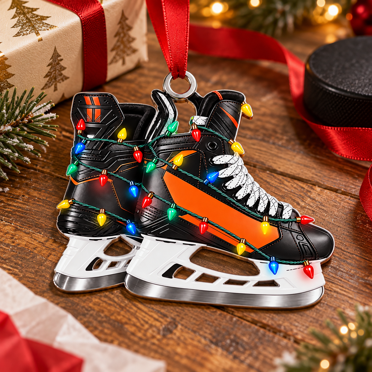 Custom Name Orange Hockey Skates Acrylic Ornament, Christmas Ornaments, Hockey Gifts