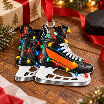 Custom Name Orange Hockey Skates Acrylic Ornament, Christmas Ornaments, Hockey Gifts