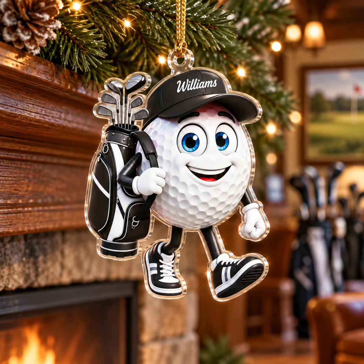 Custom Name Black Walking Golf Ball Acrylic Ornament, Christmas Ornaments, Golf Gifts