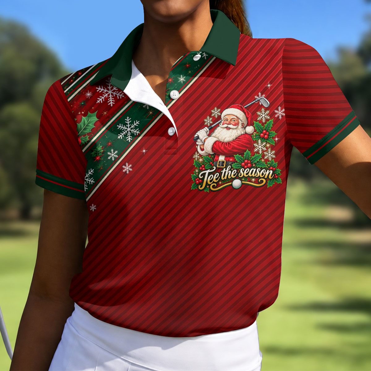 Tee The Season Santa Christmas Golf Shirt, Ladies Golf Shirts, Womens Golf Clothing