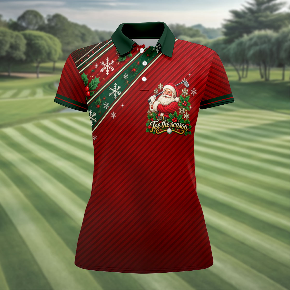 Tee The Season Santa Christmas Golf Shirt, Ladies Golf Shirts, Womens Golf Clothing