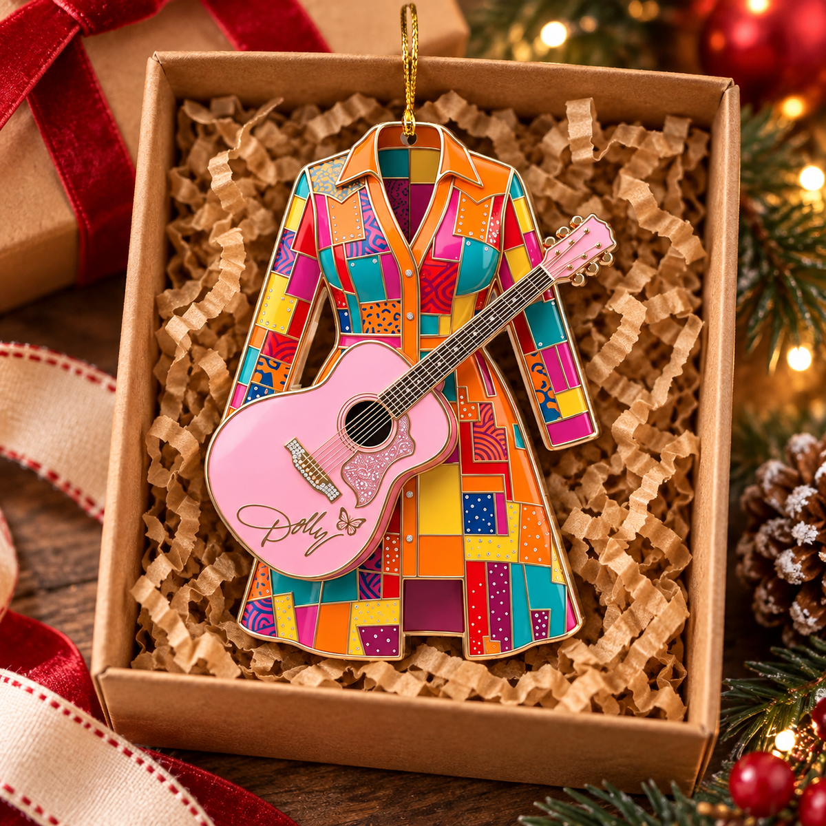 Custom Name Pink Guitar Acrylic Ornament, Christmas Ornaments, Country Music Gifts