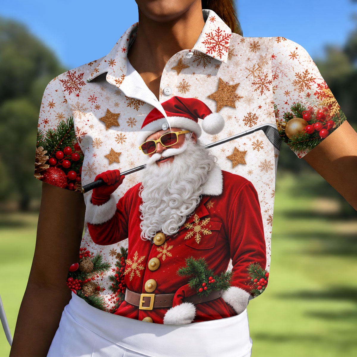 Gold Snowflake Santa Christmas Golf Polo, Ladies Golf Tops, Women's Golf Apparel