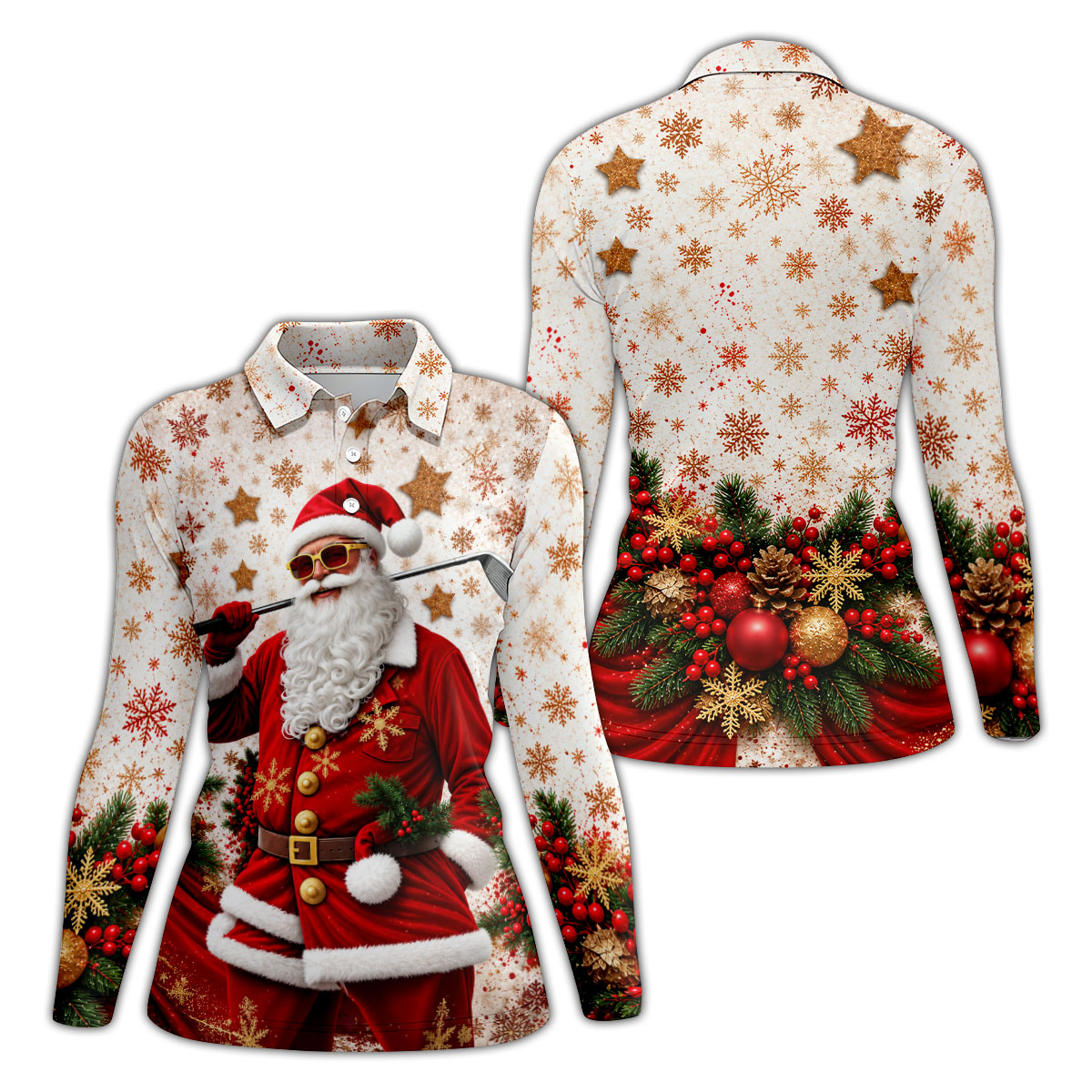 Gold Snowflake Santa Christmas Golf Polo, Ladies Golf Tops, Women's Golf Apparel