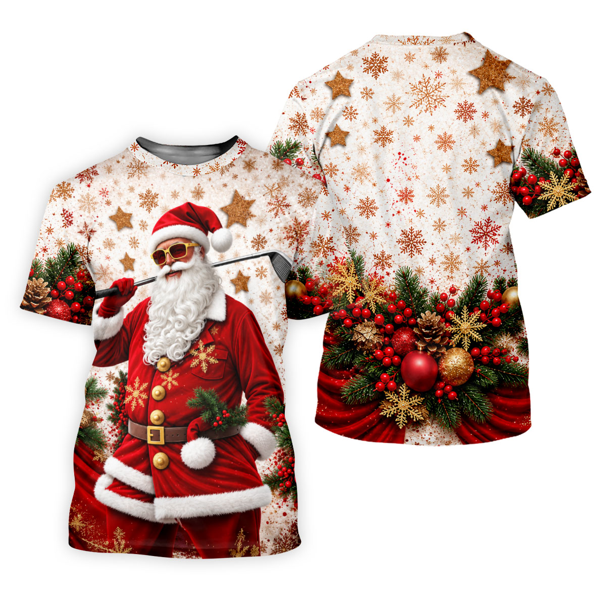 Gold Snowflake Santa Christmas Golf Polo, Ladies Golf Tops, Women's Golf Apparel