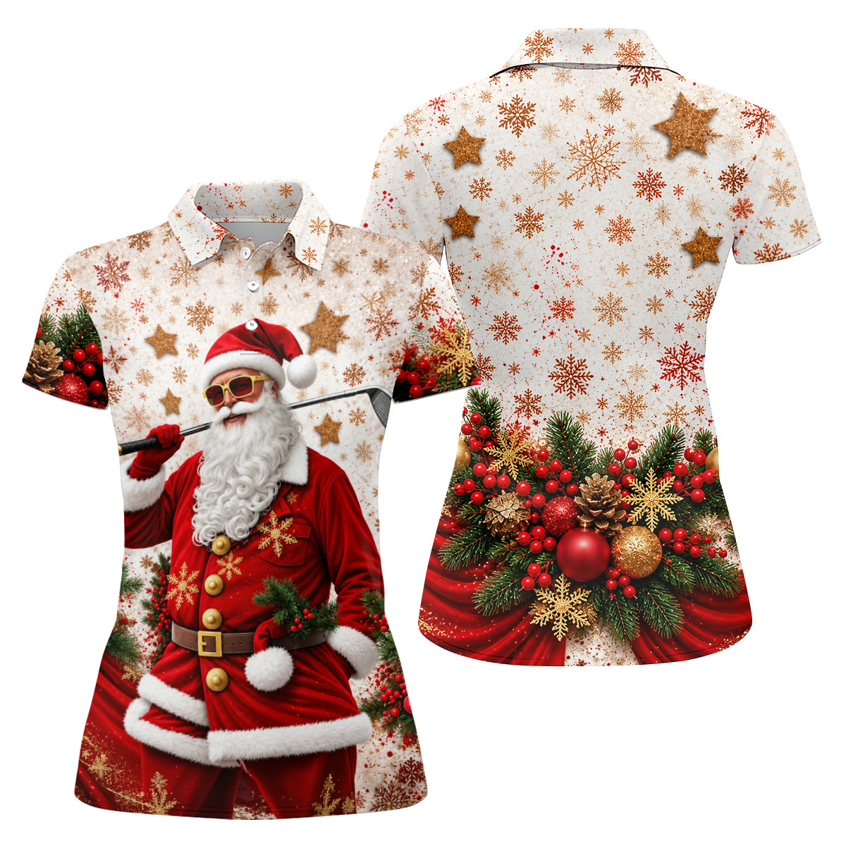 Gold Snowflake Santa Christmas Golf Polo, Ladies Golf Tops, Women's Golf Apparel