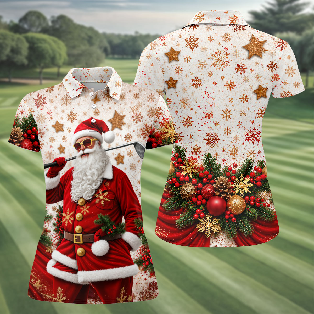 Gold Snowflake Santa Christmas Golf Polo, Ladies Golf Tops, Women's Golf Apparel