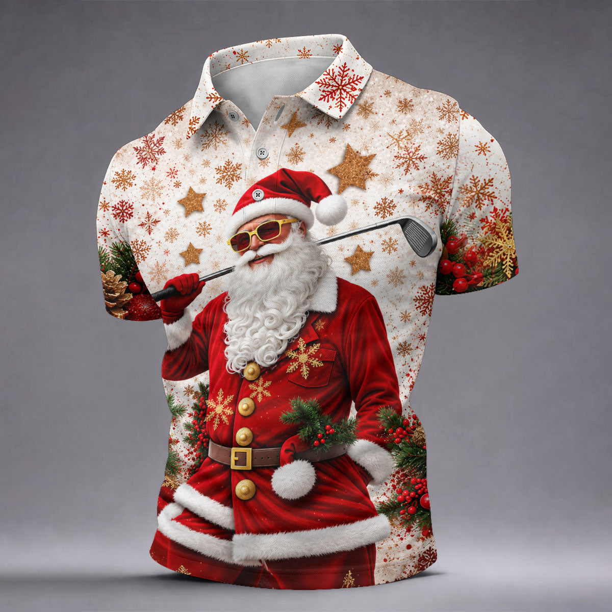 Gold Snowflake Santa Christmas Golf Polo, Golf Polo Shirts For Men, Mens Golf Polo