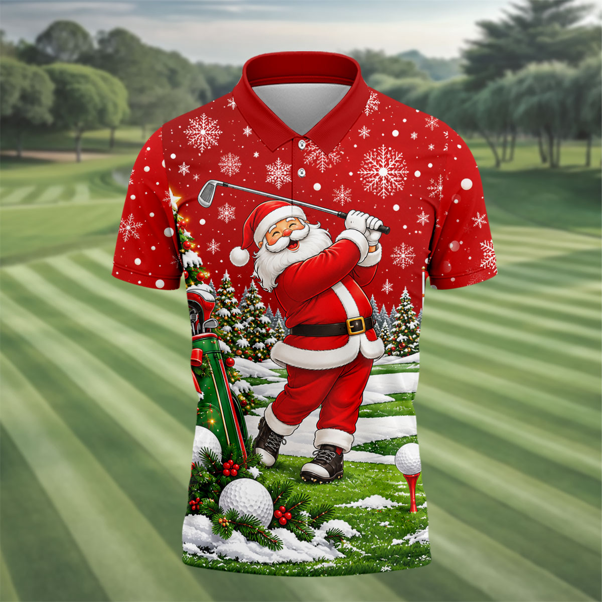 Red Santa Golf Swing Christmas Golf Shirt, Printed Golf Shirts, Mens Golf Apparel