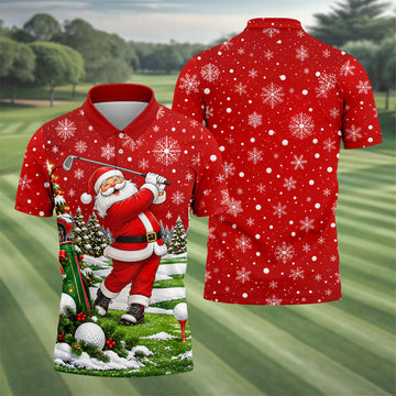 Red Santa Golf Swing Christmas Golf Shirt, Printed Golf Shirts, Mens Golf Apparel