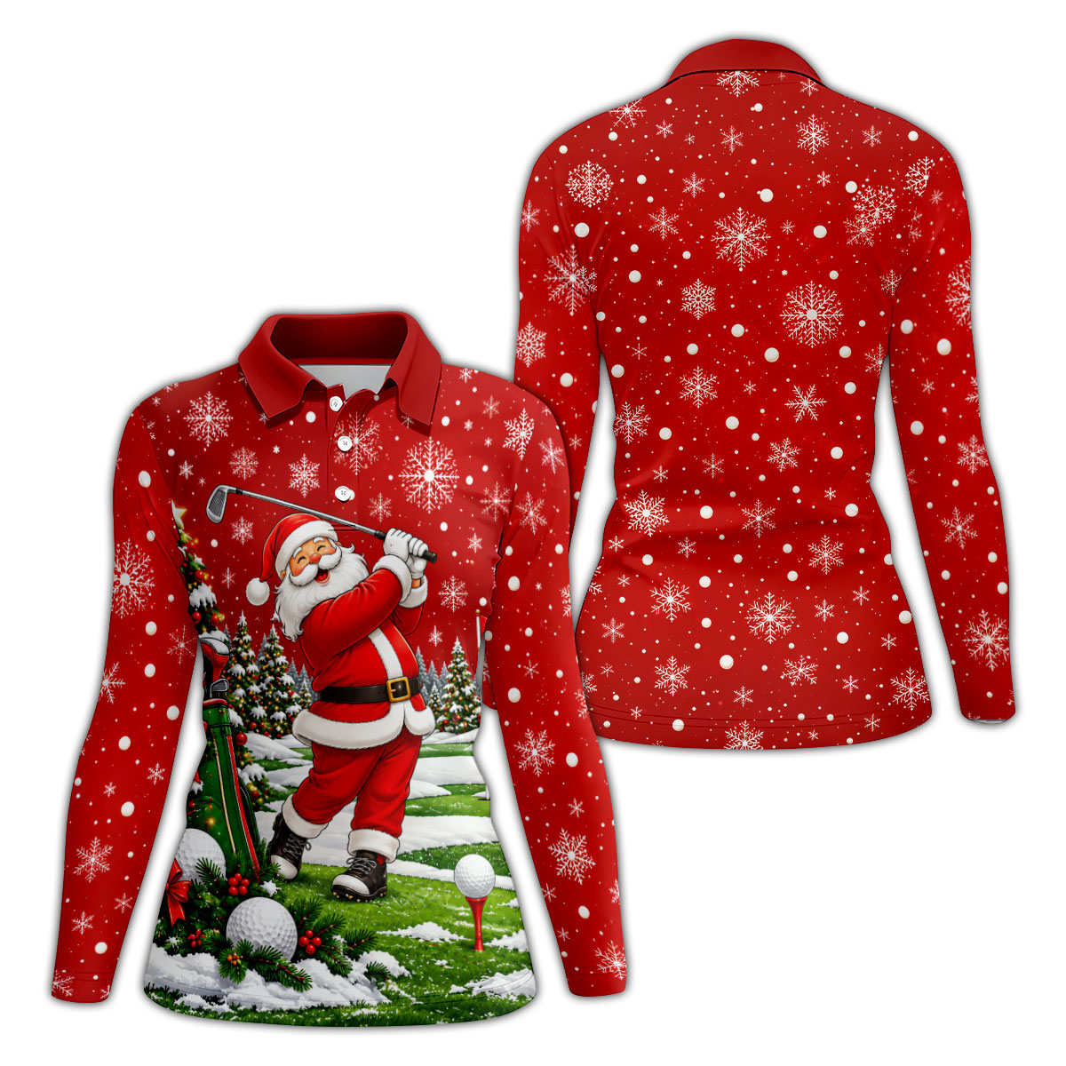 Red Santa Golf Swing Christmas Golf Shirt, Ladies Golf Shirts, Printed Golf Shirt