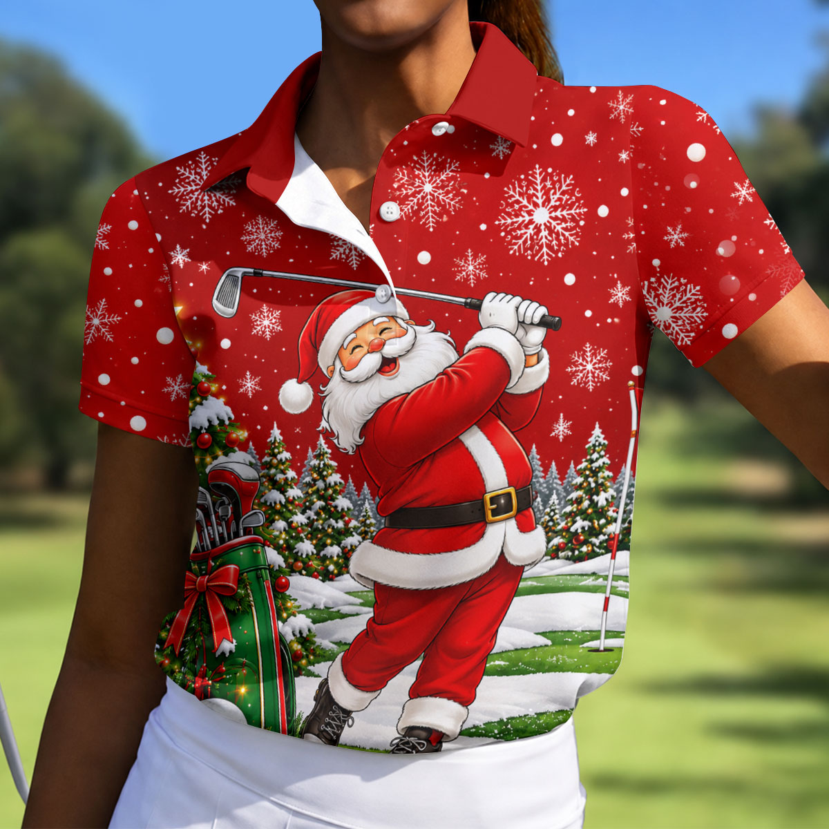 Red Santa Golf Swing Christmas Golf Shirt, Ladies Golf Shirts, Printed Golf Shirt