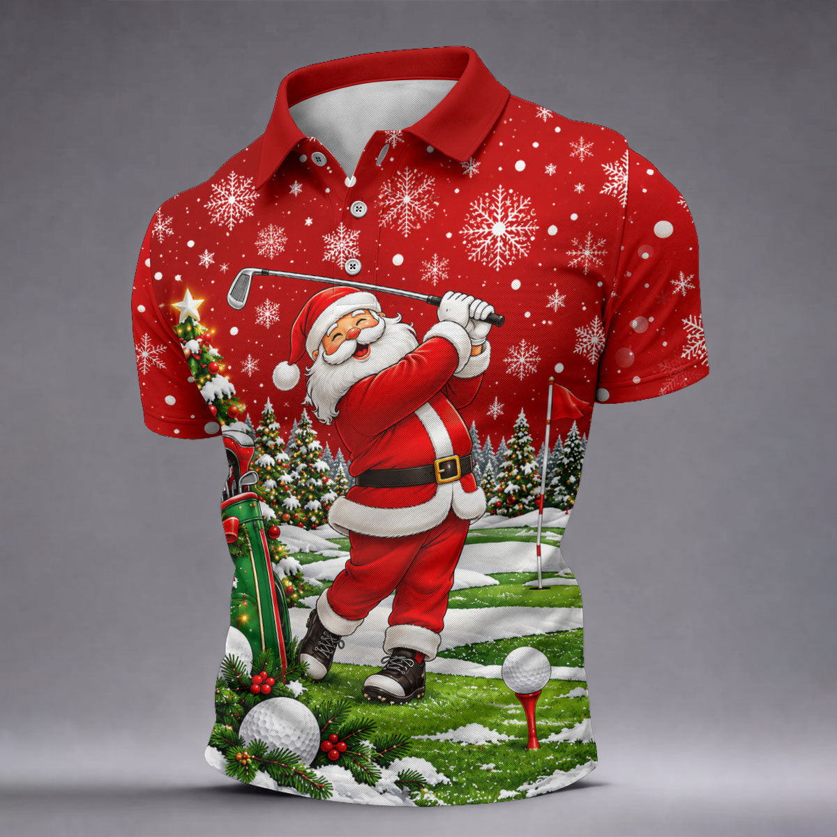 Red Santa Golf Swing Christmas Golf Shirt, Printed Golf Shirts, Mens Golf Apparel