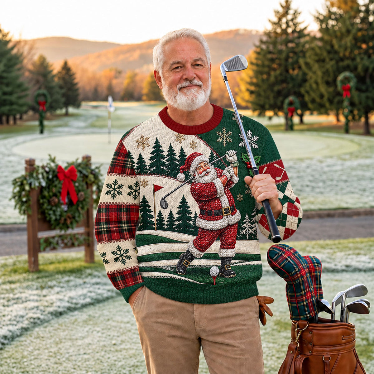 Patchwork Santa Golf Ugly Christmas Sweater, Ugly Sweater Party, Christmas Party Wear