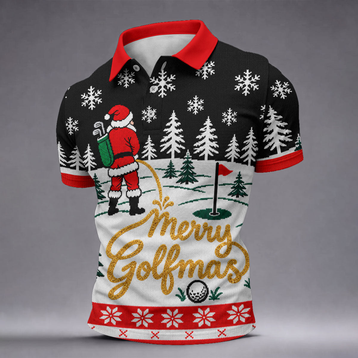 Black Merry Golfmas Christmas Golf Shirt, Long Sleeve Polo Shirts, Mens Polo Shirts