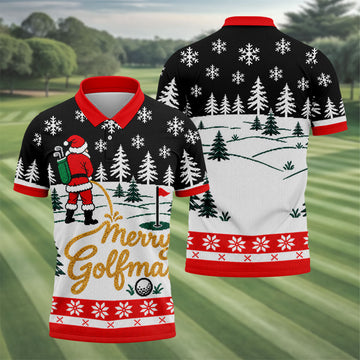 Black Merry Golfmas Christmas Golf Shirt, Long Sleeve Polo Shirts, Mens Polo Shirts