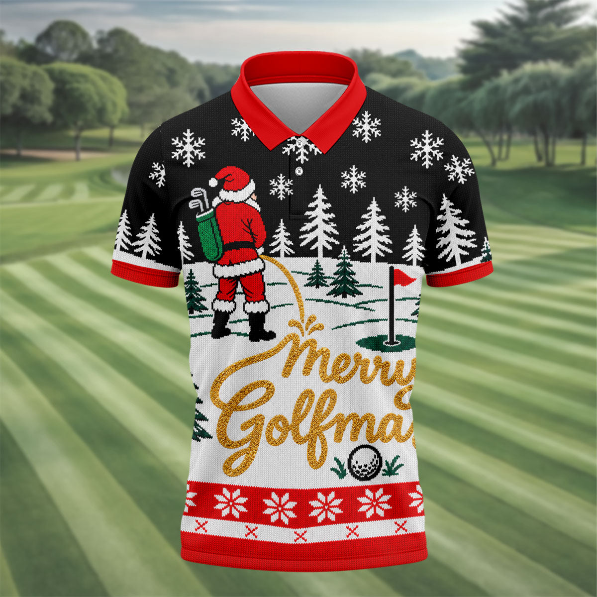 Black Merry Golfmas Christmas Golf Shirt, Long Sleeve Polo Shirts, Mens Polo Shirts