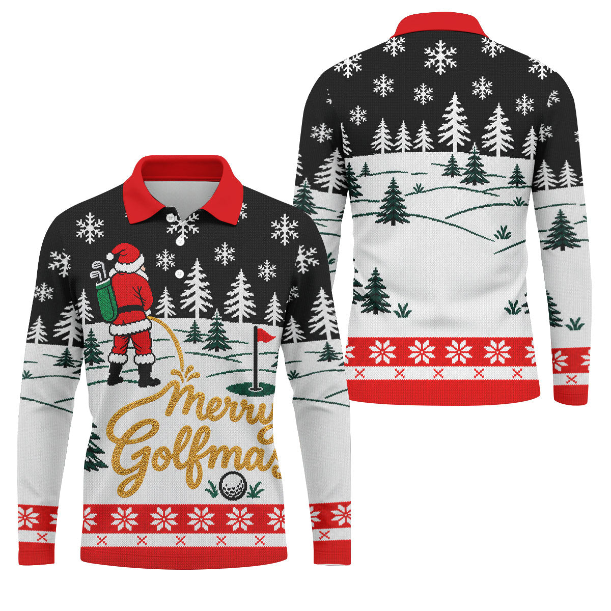 Black Merry Golfmas Christmas Golf Shirt, Long Sleeve Polo Shirts, Mens Polo Shirts