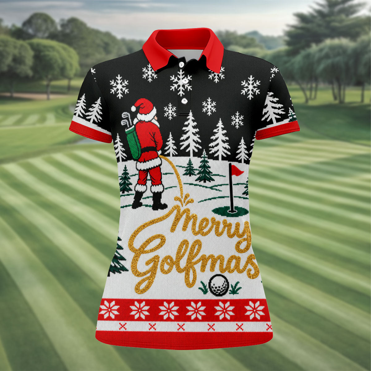Black Merry Golfmas Christmas Golf Shirt, Golf Shirts For Women, Ladies Golf Shirt