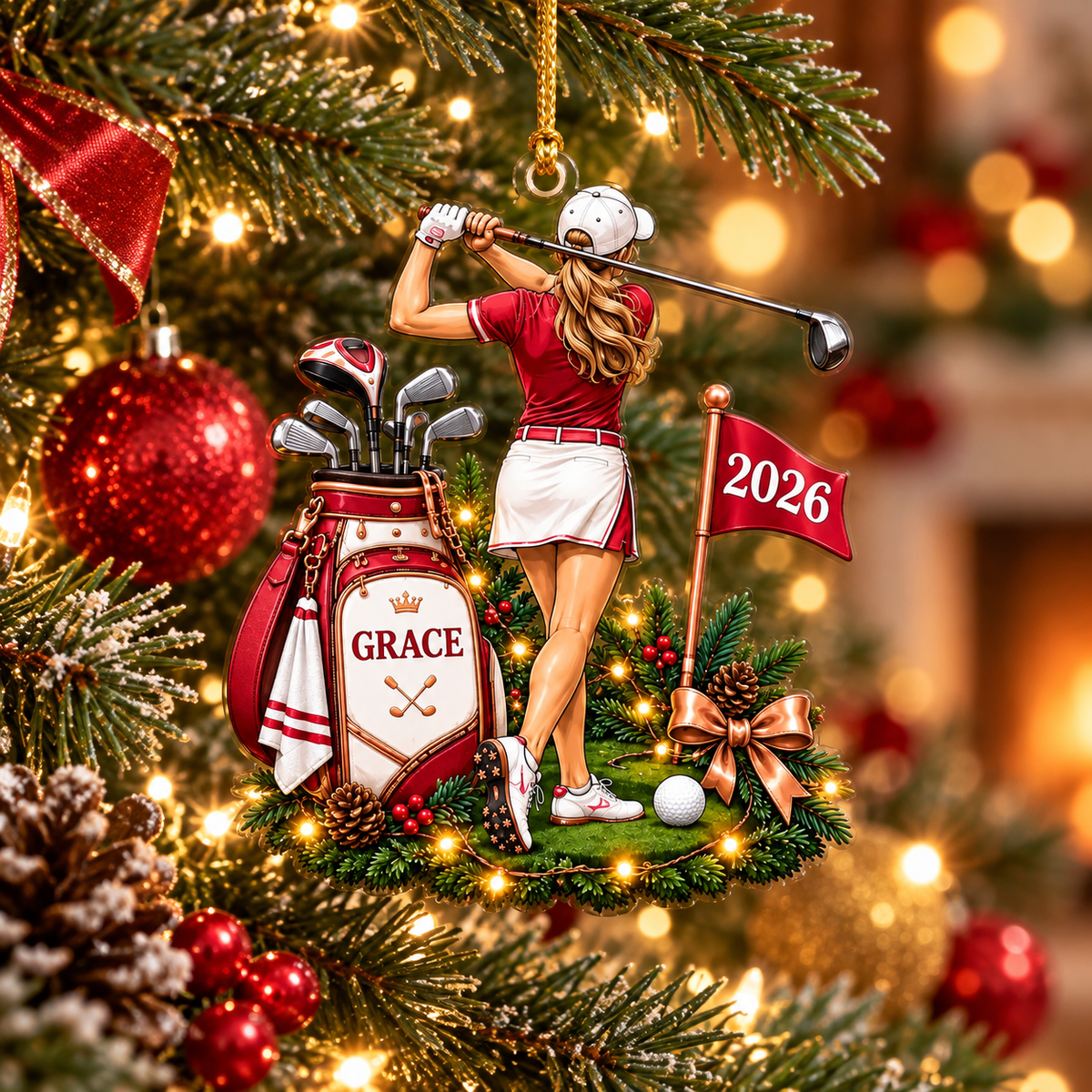 Custom Name Year Female Golfer Acrylic Ornament, Holiday Keepsake, Gifts For Golfers