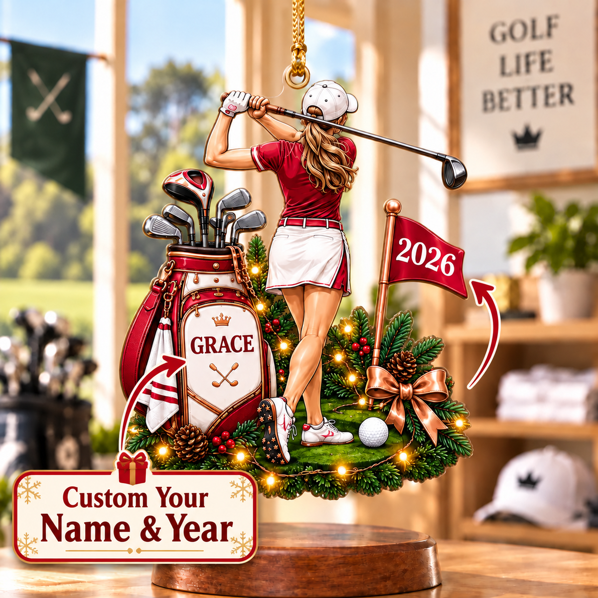 Custom Name Year Female Golfer Acrylic Ornament, Holiday Keepsake, Gifts For Golfers