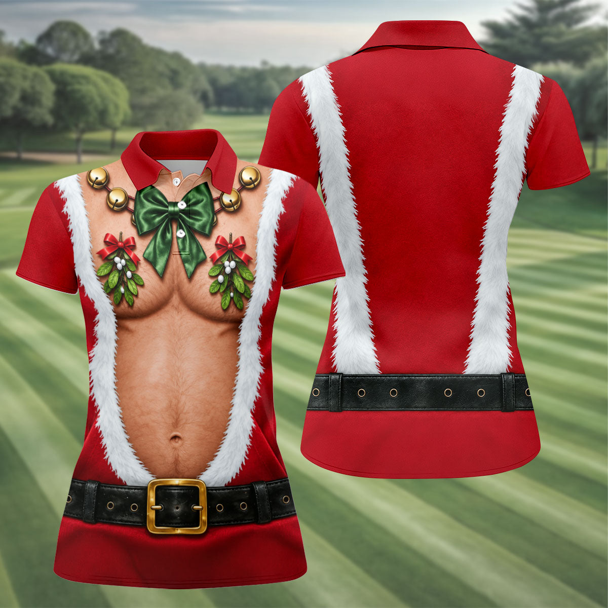 Santa Bare Belly Christmas Golf Shirt, Women's Golf Apparel, Golf Polo For Women