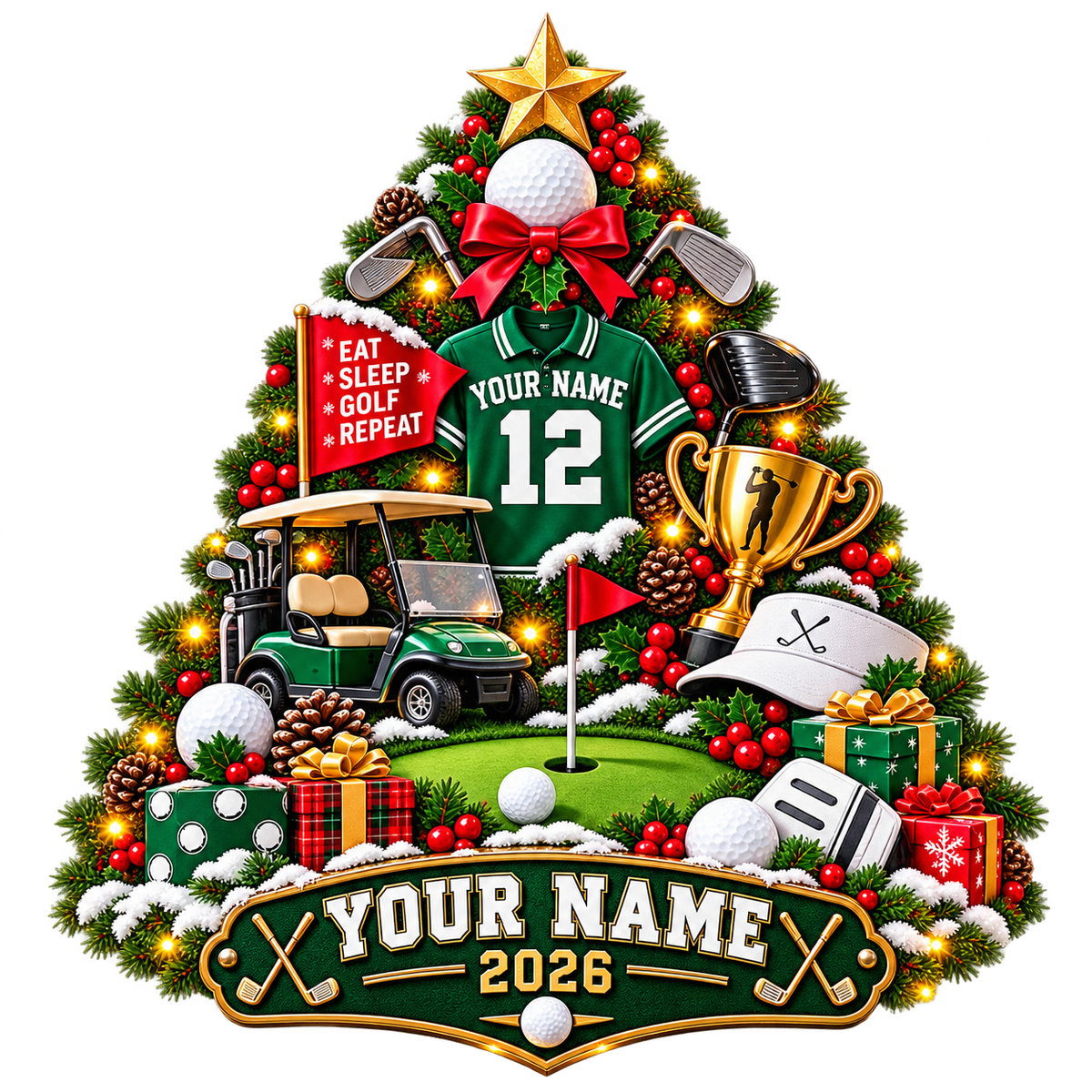 Custom Name Number Year Golf Tree Acrylic Ornament, Christmas Ornaments, Golfer Gifts