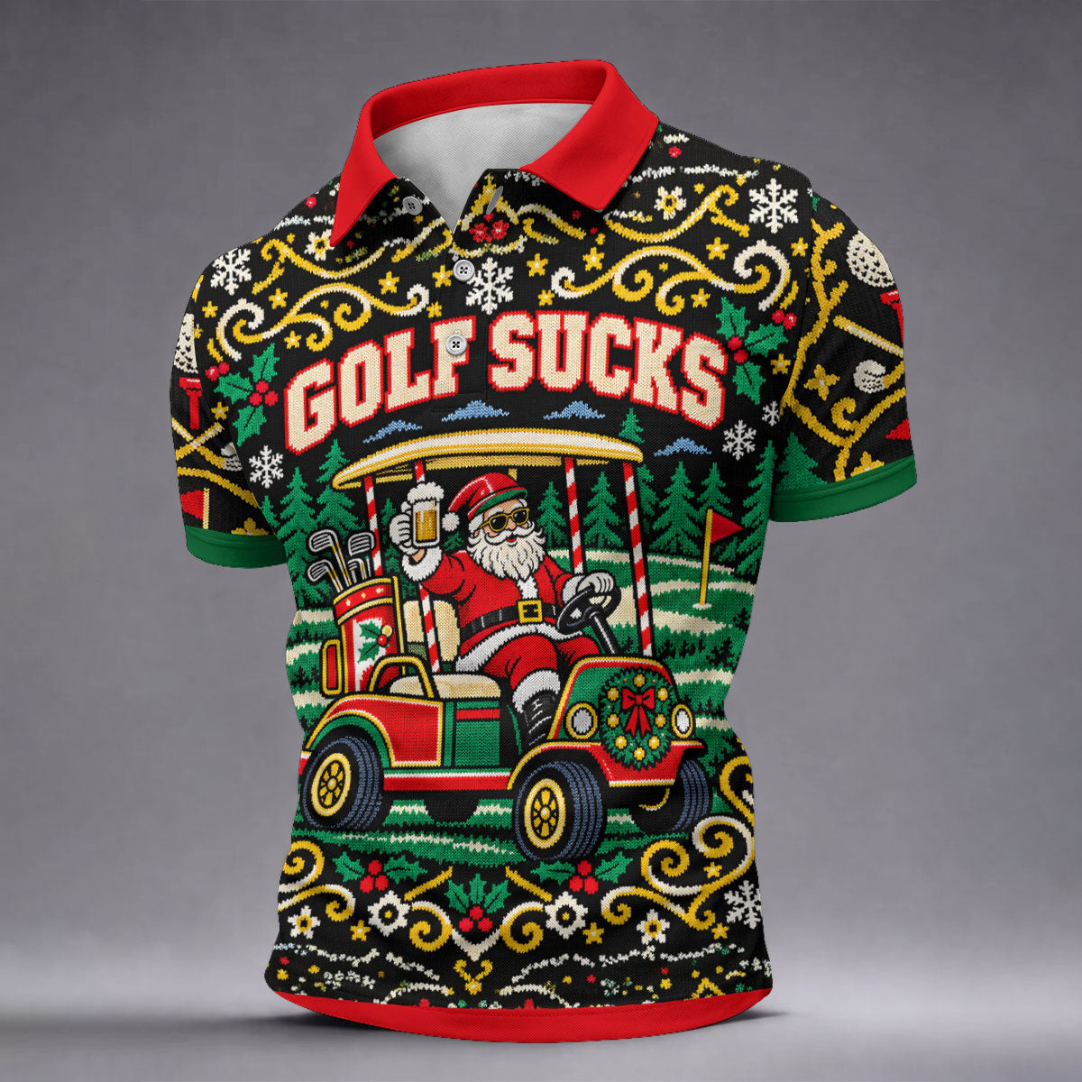 Golf Sucks Santa Cart Christmas Golf Shirt, Mens Golf Polo, Funny Mens Golf Shirts