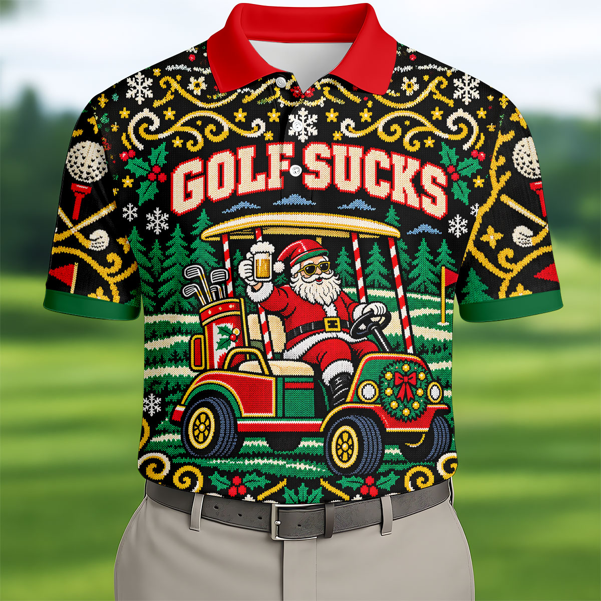 Golf Sucks Santa Cart Christmas Golf Shirt, Mens Golf Polo, Funny Mens Golf Shirts