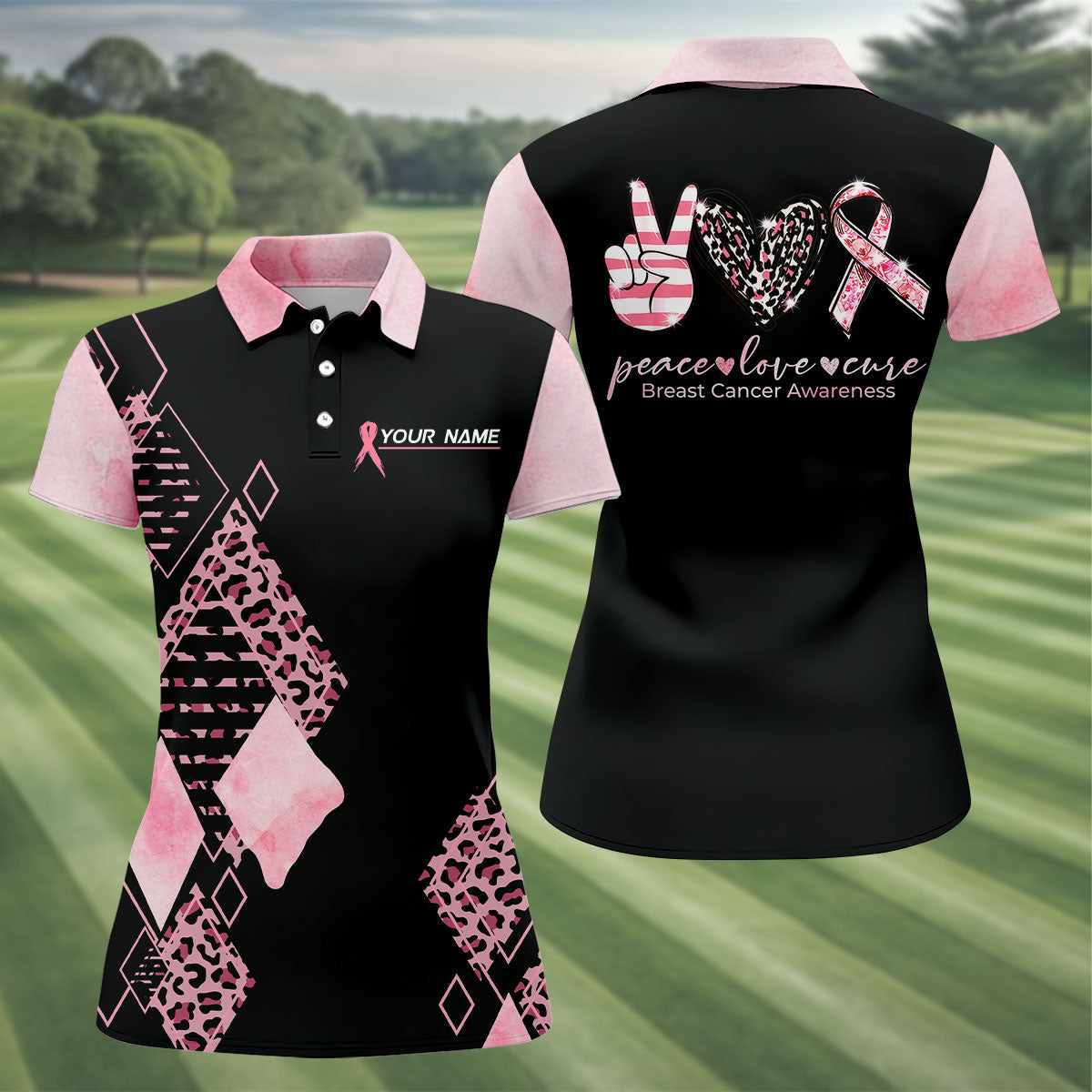 Peace Love Cure Women's Golf Shirt, Breast Cancer Awareness Shirt, Pink Leopard Golf Shirt, Golf Gift For Women