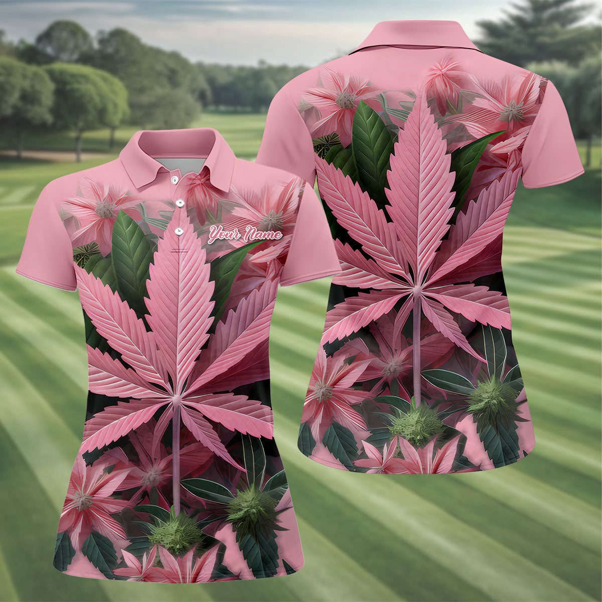 Pink Marijuana Leaf Women's Golf Shirt, Funny Weed Golf Shirt, Custom Ladies Golf Shirt, Ladies Golf Polos