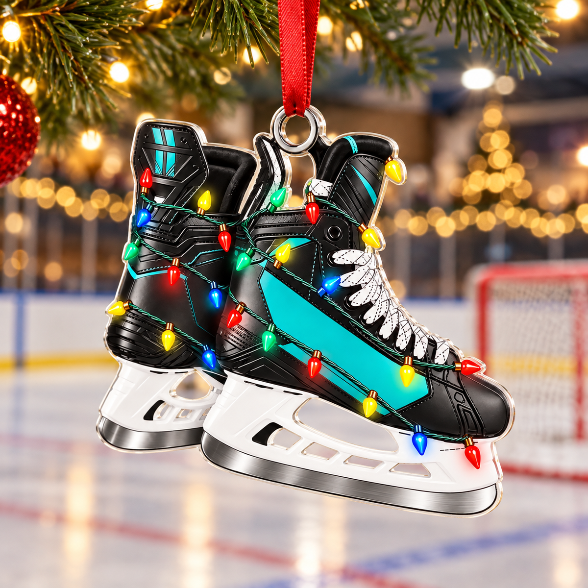 Custom Name Teal Hockey Skates Acrylic Ornament, Christmas Ornaments, Hockey Gifts