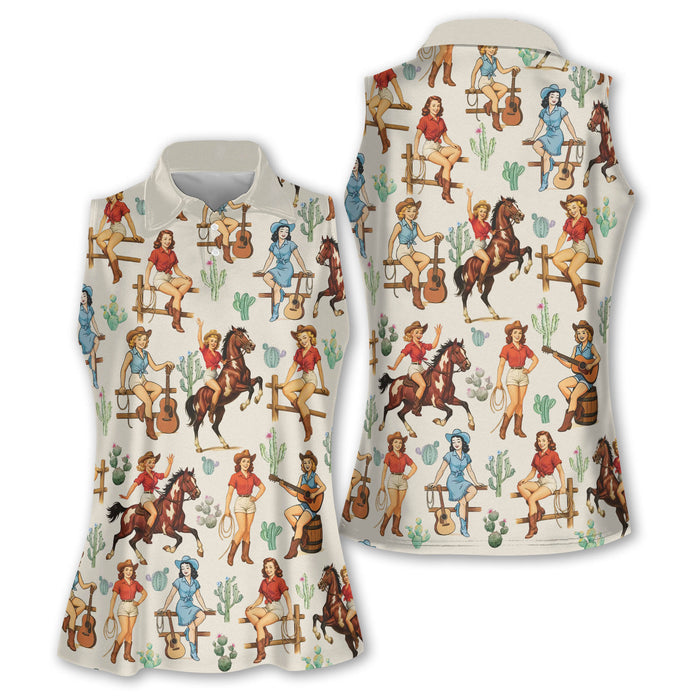Cowgirl Sleeveless Golf Shirts, Western Golf Shirts Women, Custom Ladies Golf Shirt
