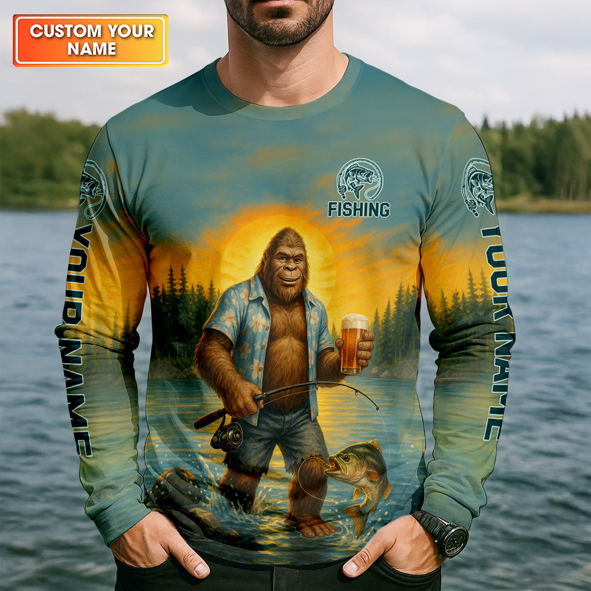 Personalized Bigfoot Fishing Performance Shirt, Gone Squatchin' Custom Name Tee, Men's Outdoor Gear
