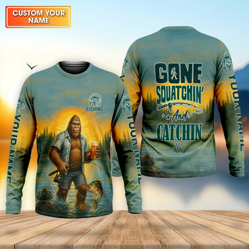 Personalized Bigfoot Fishing Performance Shirt, Gone Squatchin' Custom Name Tee, Men's Outdoor Gear