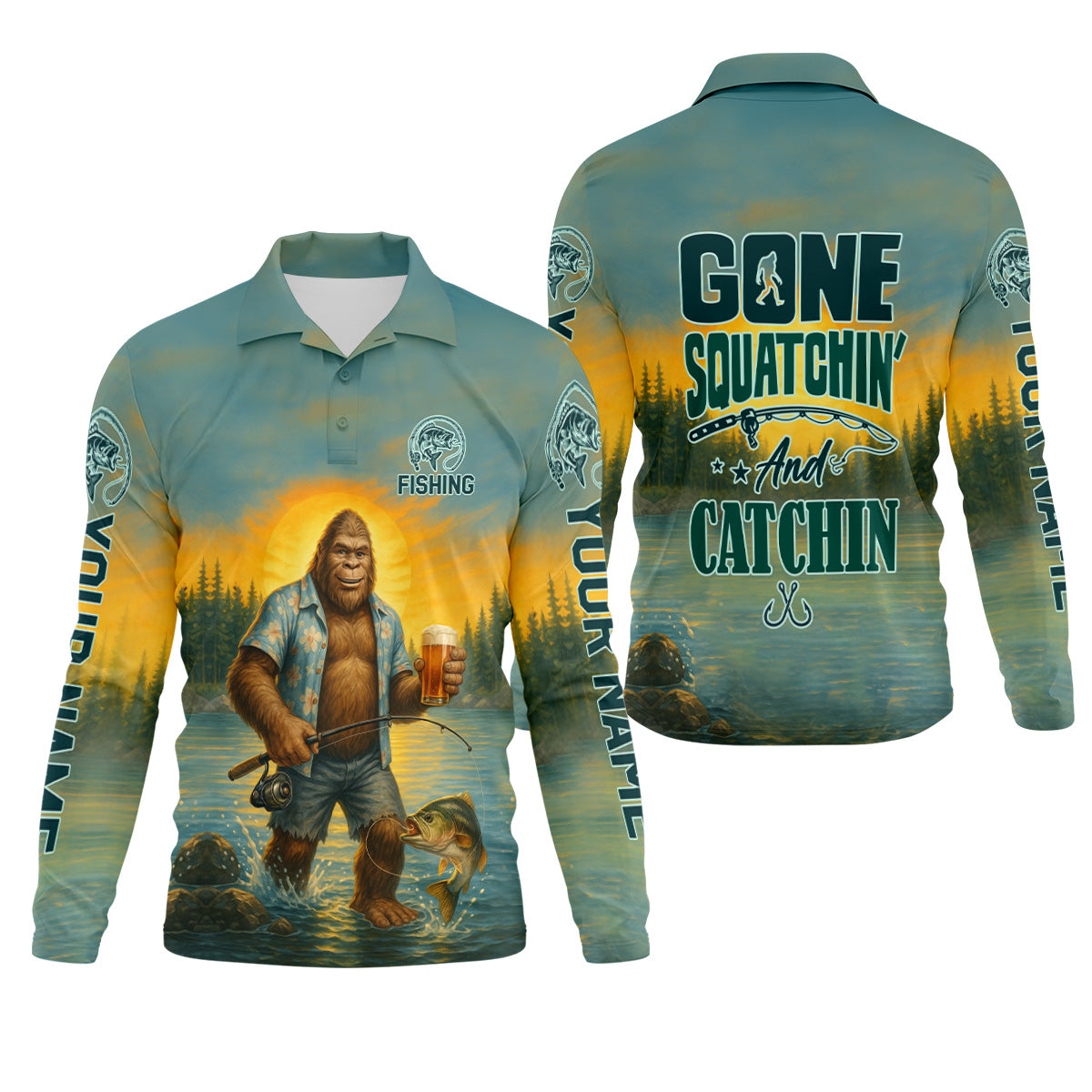 Personalized Bigfoot Fishing Performance Shirt, Gone Squatchin' Custom Name Tee, Men's Outdoor Gear