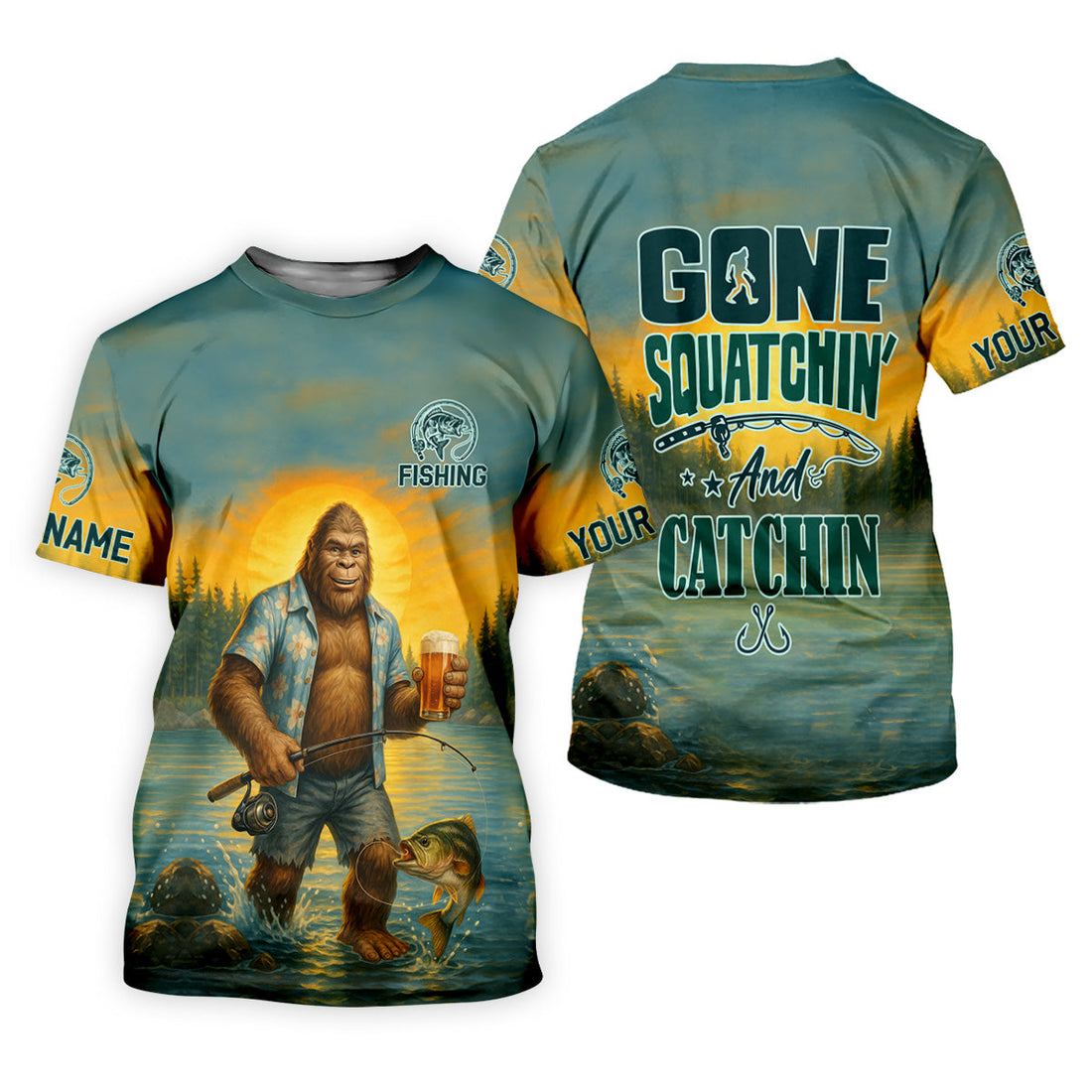 Personalized Bigfoot Fishing Performance Shirt, Gone Squatchin' Custom Name Tee, Men's Outdoor Gear