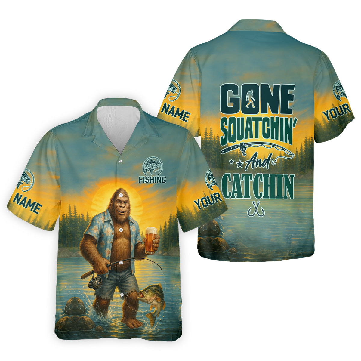 Personalized Bigfoot Fishing Performance Shirt, Gone Squatchin' Custom Name Tee, Men's Outdoor Gear