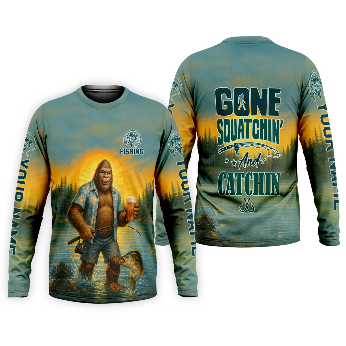 Personalized Bigfoot Fishing Performance Shirt, Gone Squatchin' Custom Name Tee, Men's Outdoor Gear