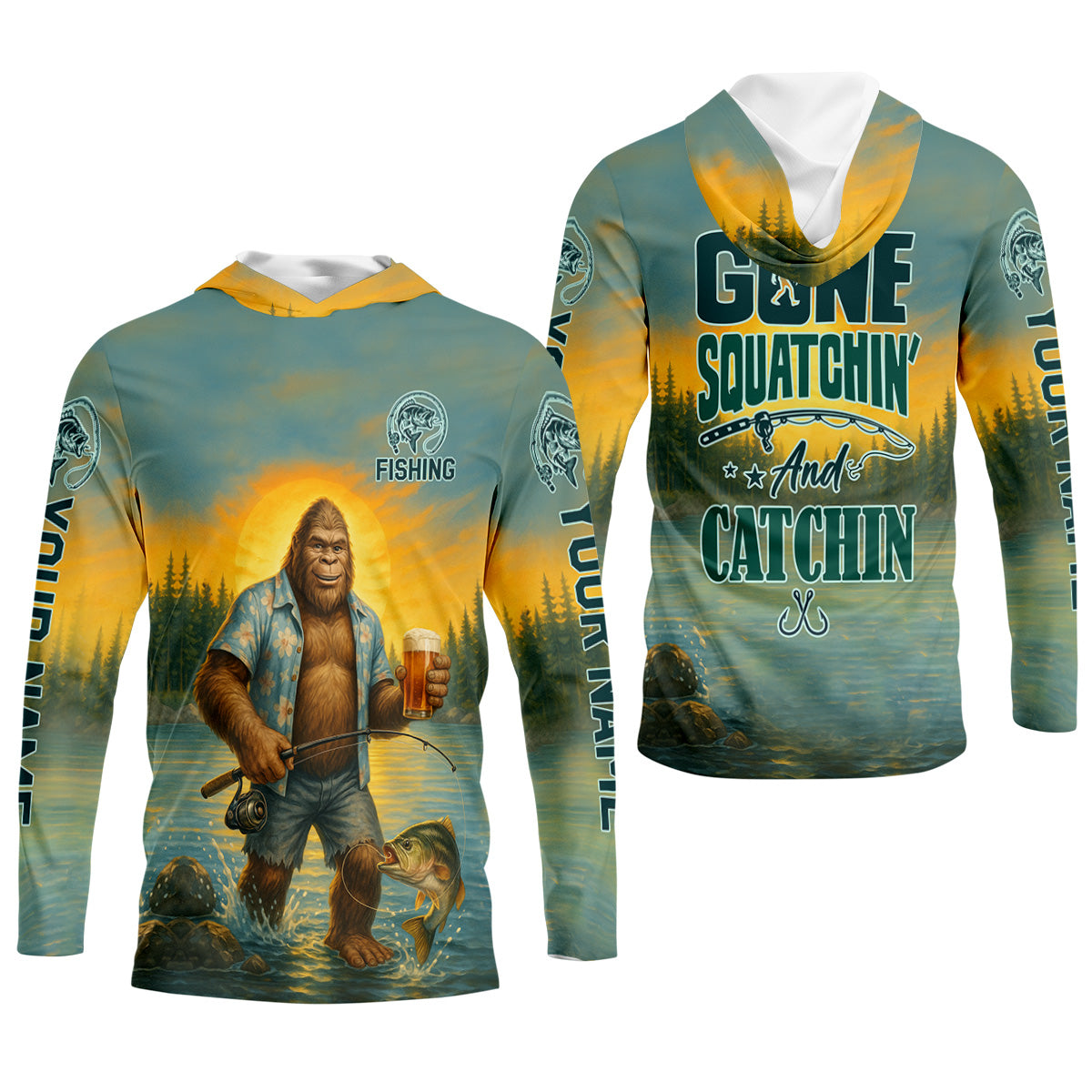 Personalized Bigfoot Fishing Performance Shirt, Gone Squatchin' Custom Name Tee, Men's Outdoor Gear