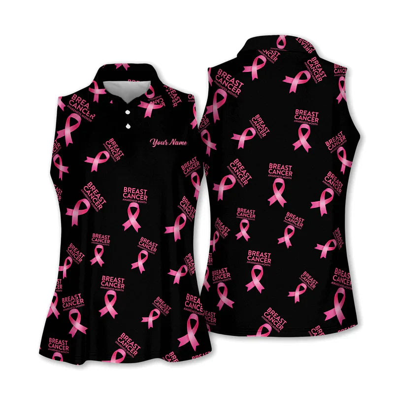 Breast Cancer Awareness Pink Ribbon Womens Sleeveless Golf Shirts, Custom Breast Cancer Golf Shirt, Ladies Golf Polos