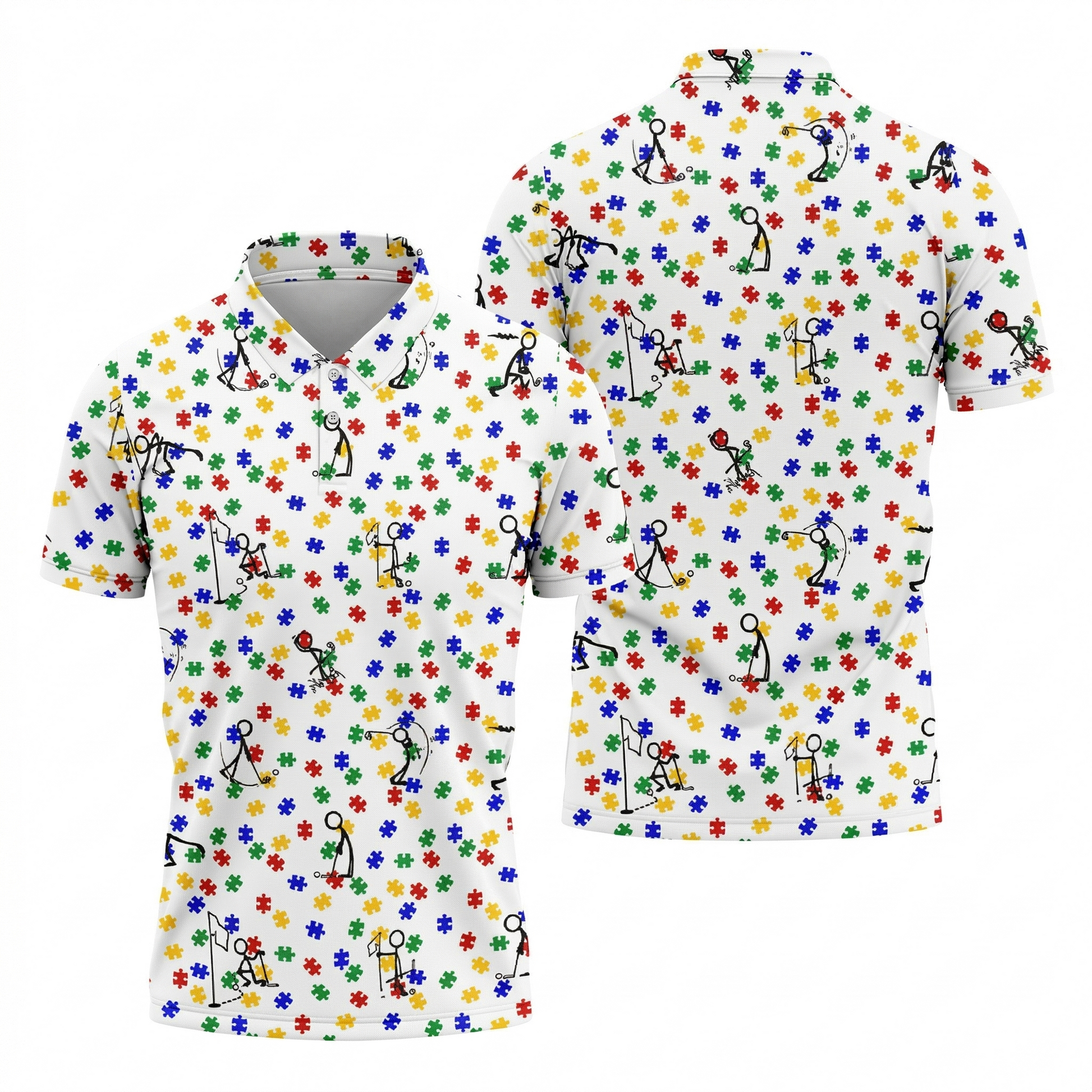 Funny Stick Figure Autism Puzzle Polo ShirtFor Men, Autism Awareness Golf Shirt, Golfing Apparel