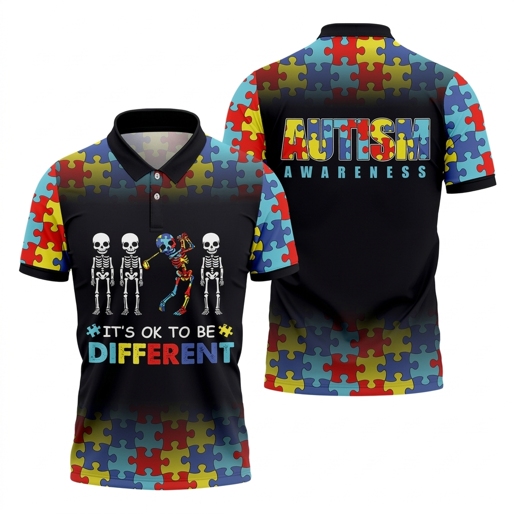 It's Ok To Be Different Men Polo ShirtAutism Awareness Puzzle Pattern Black Fade Golf Shirts For Men, Autism Golf Shirt