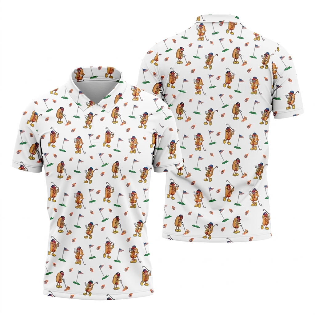 Funny Hot Dog Golfing White Polo Shirttriotic USA Flag Pattern Men's Golf Shirt, 250th Anniversary All-Over Print