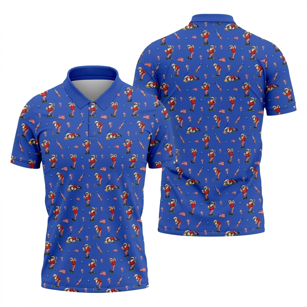 Funny Uncle Sam Golfing & Beer Blue Polo Shirttriotic 4th of July Men's Golf Shirt, 250th Anniversary All-Over Print