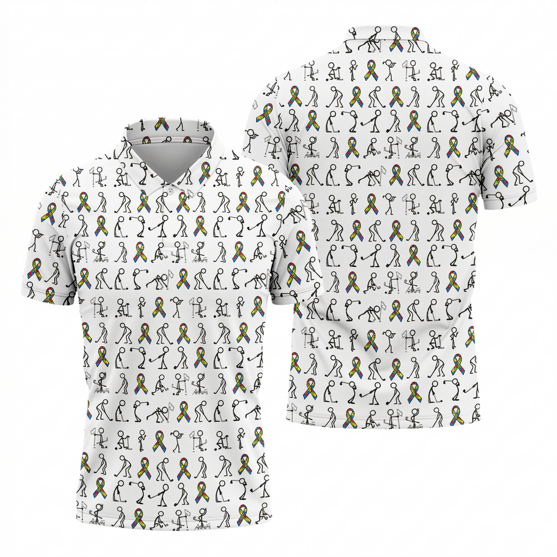 Stick Figure Golf Pose Autism Ribbon White Golf Shirt, Autism Awareness Colors Golf Shirts For Men