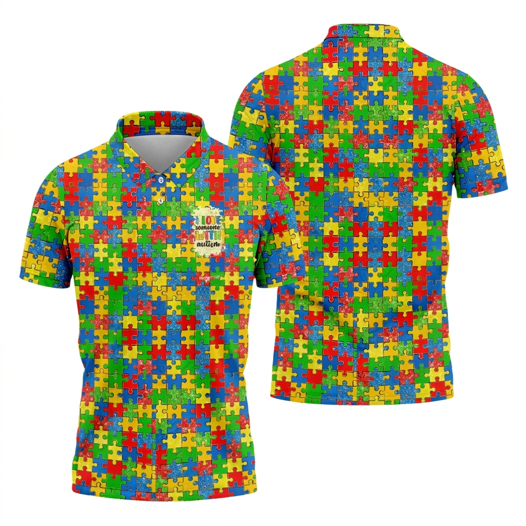I Love Someone With Autism Colorful Puzzle Pattern Men's Golf Shirt, Autism Awareness Polo ShirtFor Men
