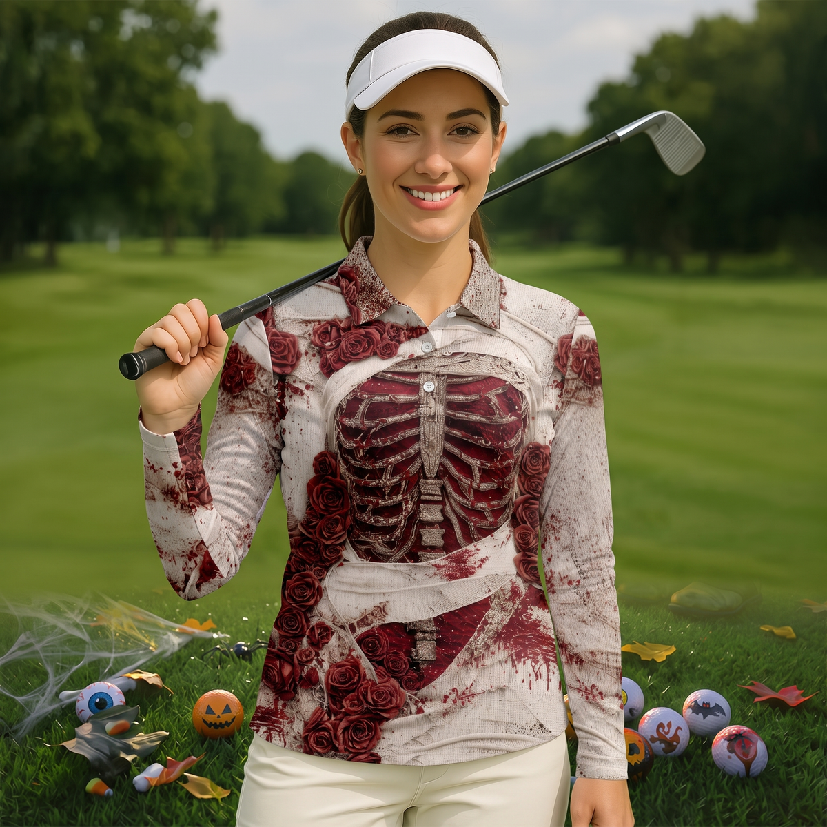 Bloody Skeleton Rose Halloween Polo Shirt, Golf Tops For Women, Women’s Golf Apparel
